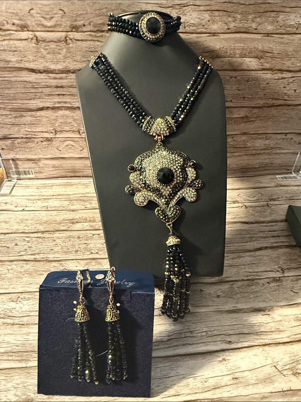 Black Beaded Mossanite Statement Long Necklace and Tassel Earrings Set